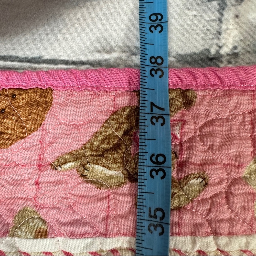 Teddy Bear Handmade Baby Quilt Crib Blanket 38”x43” Patchwork Pink White Nursery - Picture 6 of 8